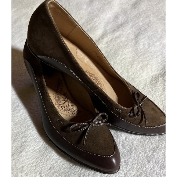 Sofft Varney Leather & Suede Size 8 1/2 Two Tone Brown Bow Pointed Toe Heel Pump - Picture 1 of 9